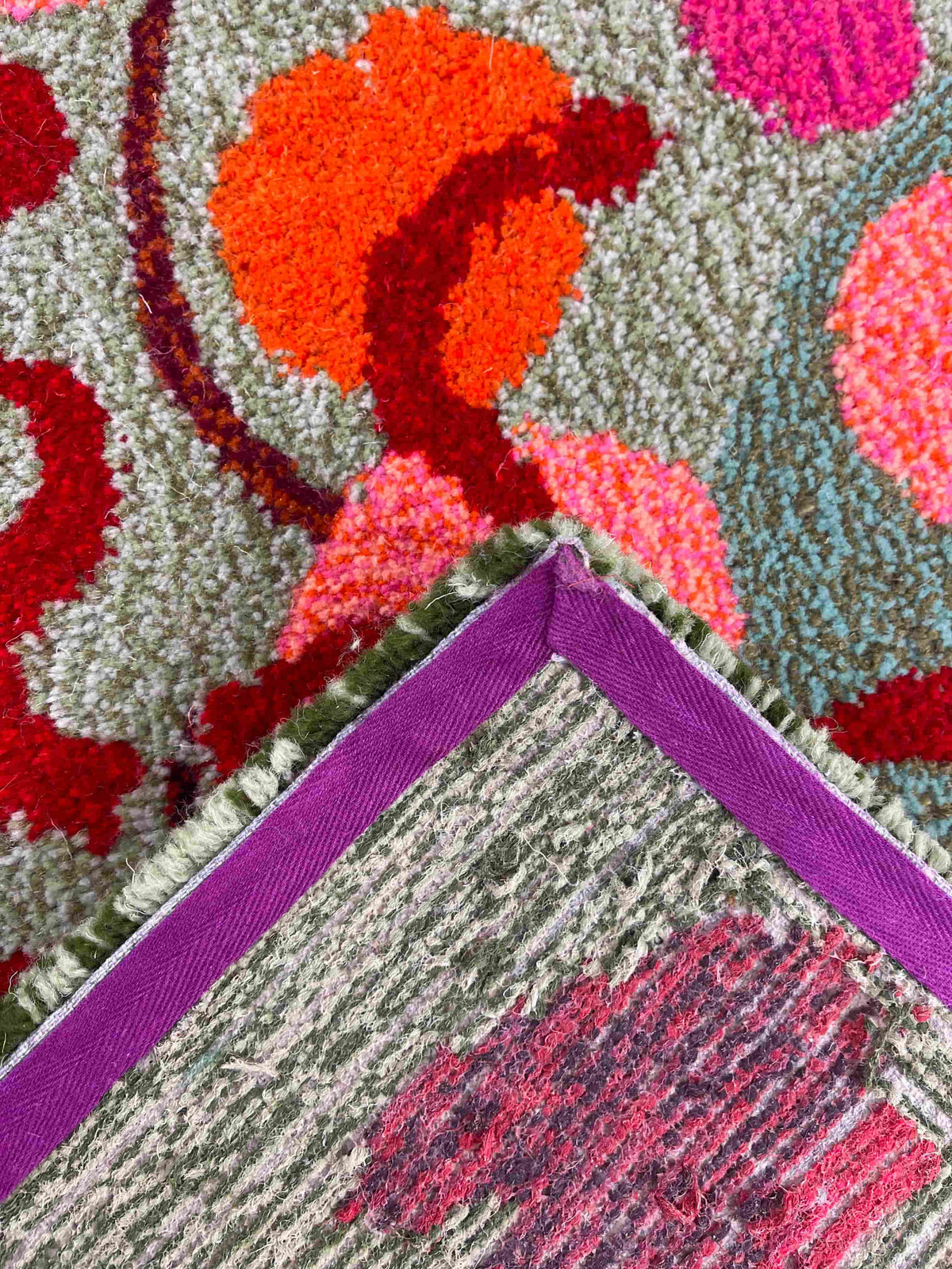 'Kitchen Garden' Hand tufted sage green, pink and orange runner tufted rug