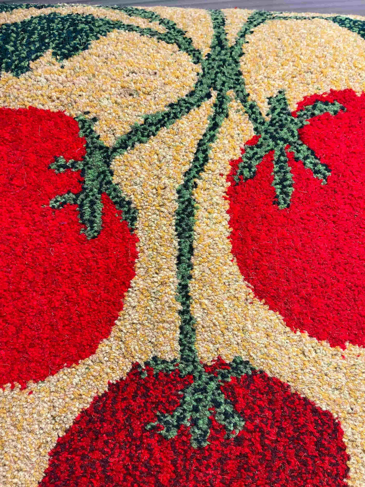 'Tomato Salad' Hand tufted red, green and butter yellow tufted small runner rug