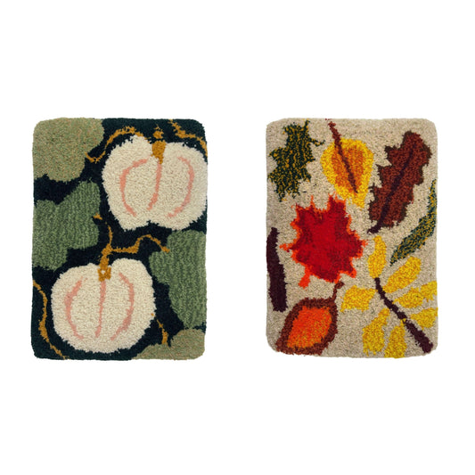 Hand Tufted 'Autumn' Pumpkin and Autumn Leaves wall hangings
