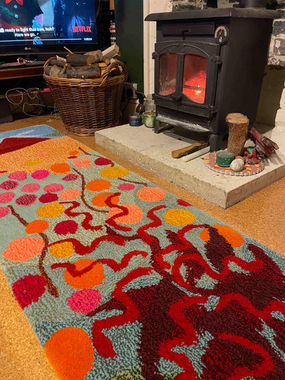 'Kitchen Garden' Hand tufted sage green, pink and orange runner tufted rug