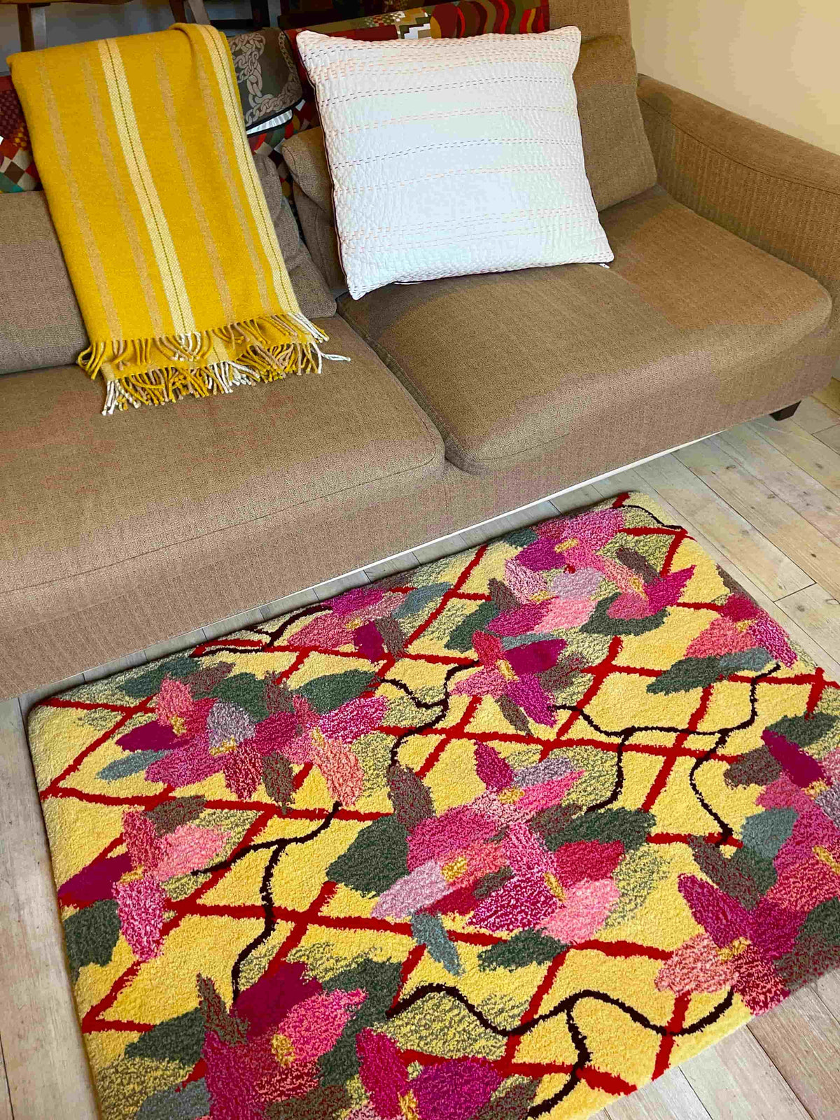 'May' Hand tufted petal pink, sage green, butter yellow and red medium floral tufted rug
