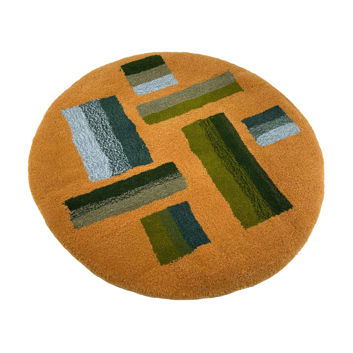 'Hitomi' Hand tufted ochre mustard, dark green and teal circular small tufted rug
