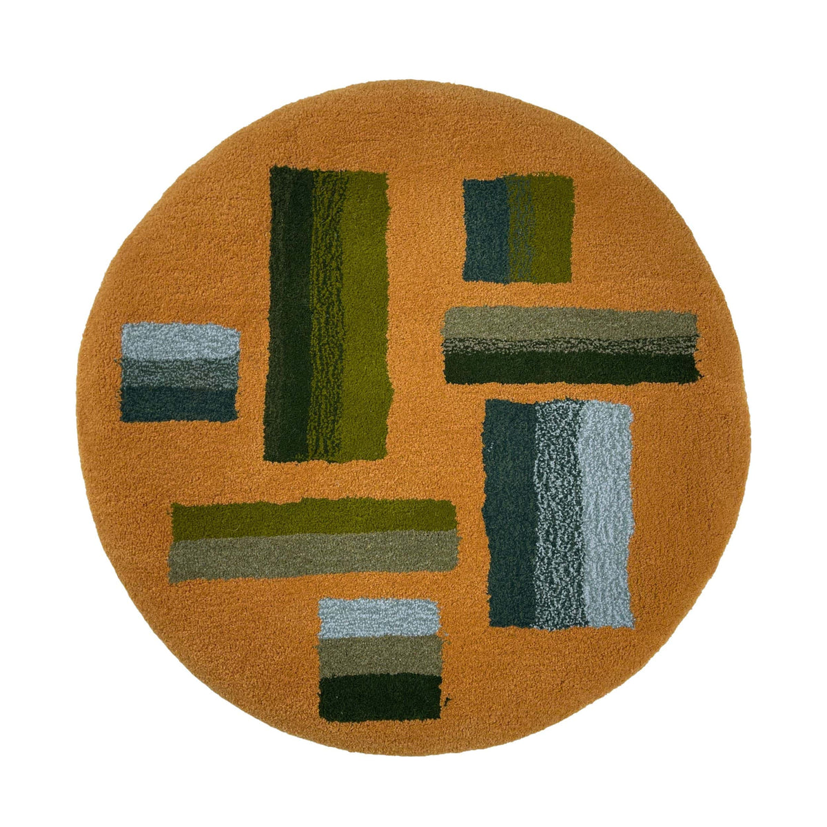 'Hitomi' Hand tufted ochre mustard, dark green and teal circular small tufted rug