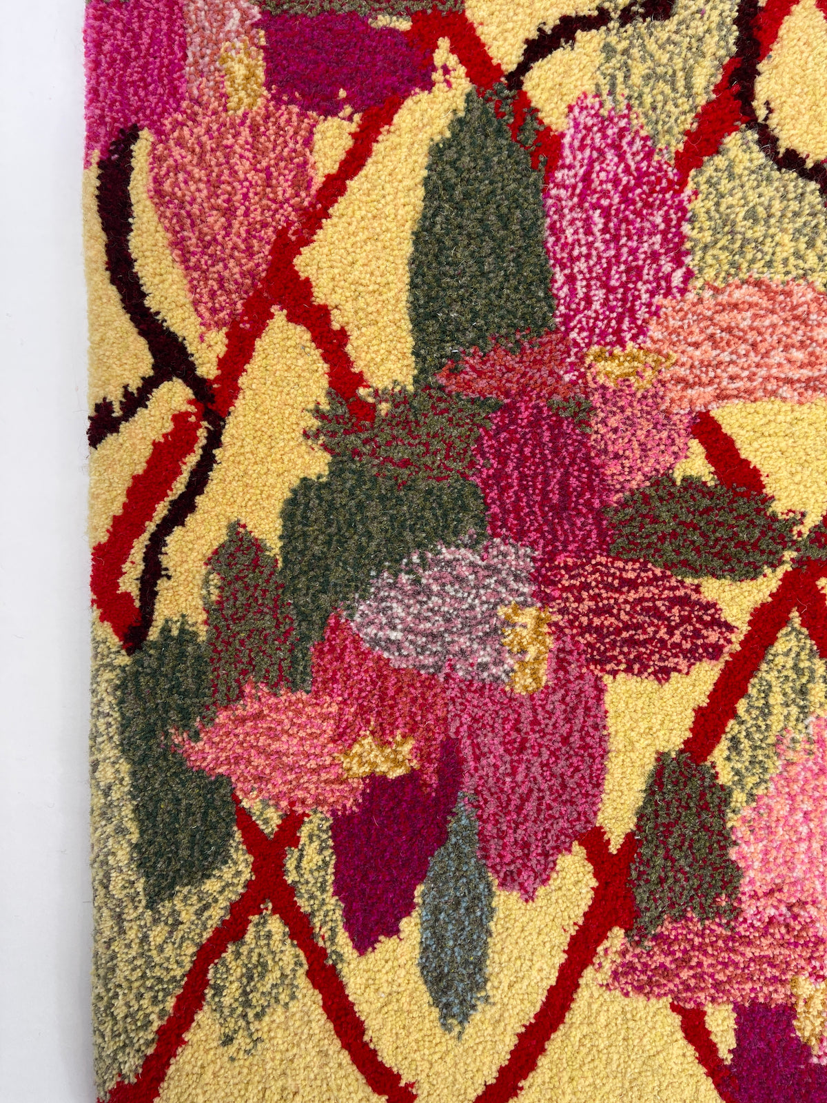 'May' Hand tufted petal pink, sage green, butter yellow and red medium floral tufted rug