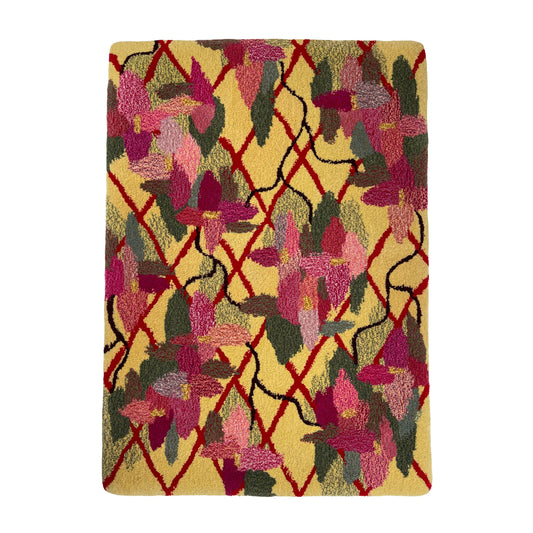 'May' Hand tufted petal pink, sage green, butter yellow and red medium floral tufted rug