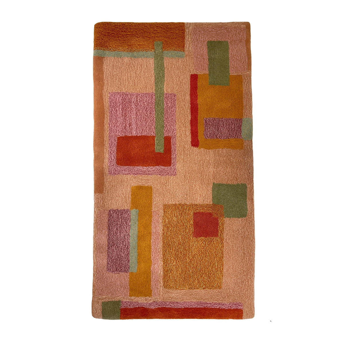 'Scorched' Hand tufted salmon pink, sage green, sandy yellow and rust orange large tufted rug